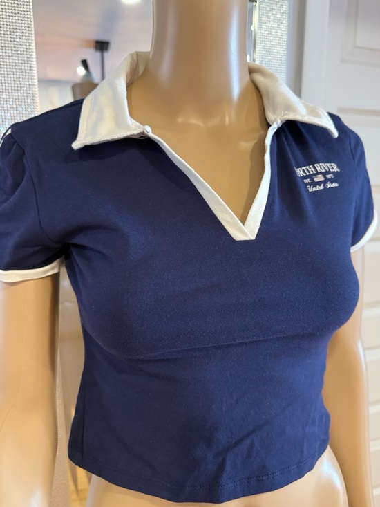 Ardene Tops - Navy Polo Crop Top with White Trim